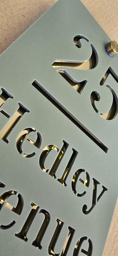 Personalised Pine Green House Sign with Mirror Gold Backing | Modern Acrylic House Number | Custom Address Plaque | Outdoor Door Sign UK