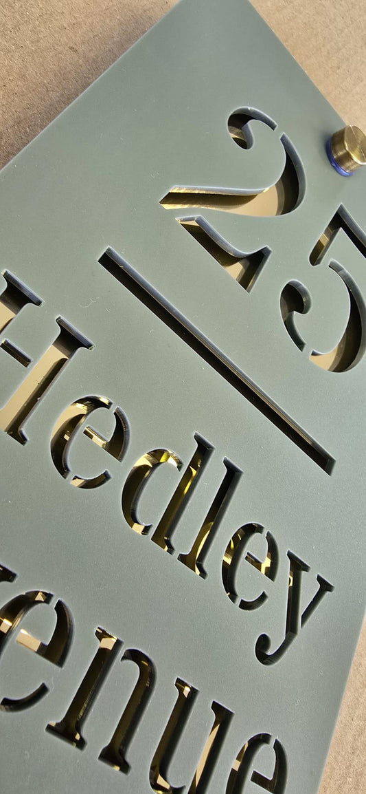 Personalised Pine Green House Sign with Mirror Gold Backing | Modern Acrylic House Number | Custom Address Plaque | Outdoor Door Sign UK