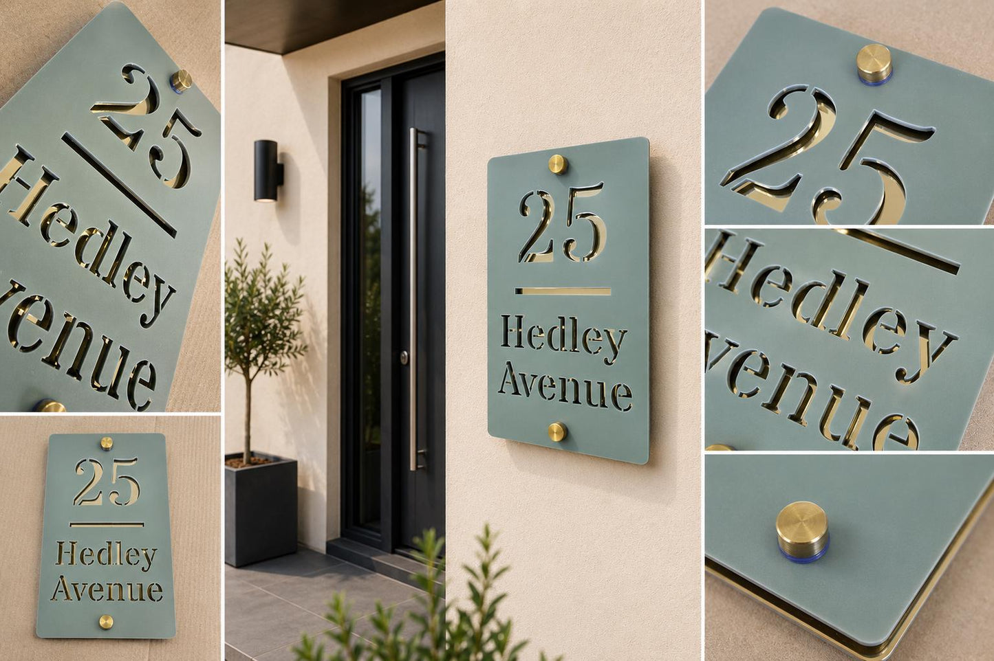Personalised Pine Green House Sign with Mirror Gold Backing | Modern Acrylic House Number | Custom Address Plaque | Outdoor Door Sign UK