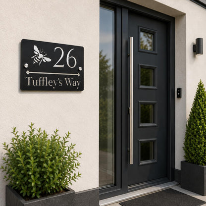Personalised House Sign UK | Black & Mirror Silver Door Number Sign | Bee Address Plaque | Modern Acrylic House Number Sign | 210 x 150mm