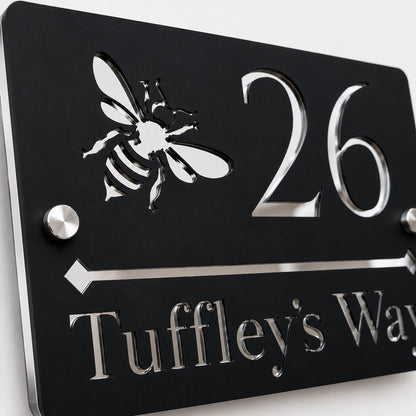 Personalised House Sign UK | Black & Mirror Silver Door Number Sign | Bee Address Plaque | Modern Acrylic House Number Sign | 210 x 150mm