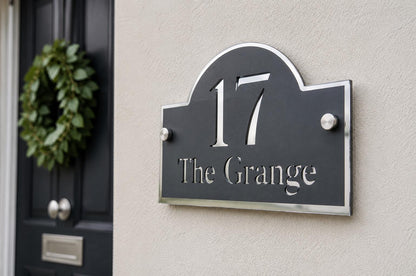 Personalised House Sign UK – Anthracite Grey & Mirror Silver Door Number Sign – Modern Acrylic Address Plaque with Standoff Fixings