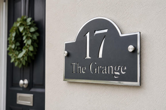 Personalised House Sign UK – Anthracite Grey & Mirror Silver Door Number Sign – Modern Acrylic Address Plaque with Standoff Fixings