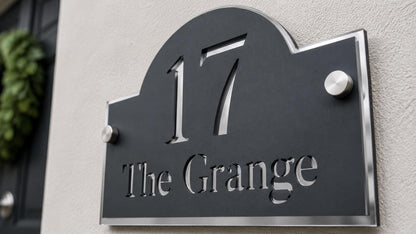 Personalised House Sign UK – Anthracite Grey & Mirror Silver Door Number Sign – Modern Acrylic Address Plaque with Standoff Fixings