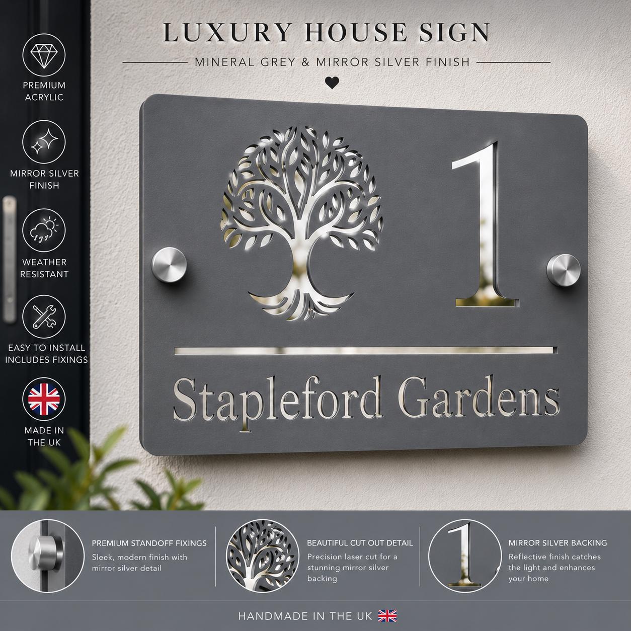 Personalised House Sign UK | Mineral Grey & Mirror Silver Acrylic House Number Sign | Modern Address Plaque | Outdoor Door Sign
