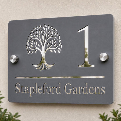 Personalised House Sign UK | Mineral Grey & Mirror Silver Acrylic House Number Sign | Modern Address Plaque | Outdoor Door Sign