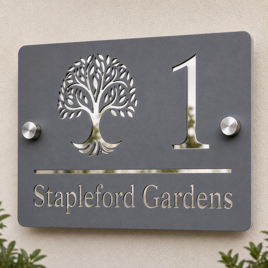 Personalised House Sign UK | Mineral Grey & Mirror Silver Acrylic House Number Sign | Modern Address Plaque | Outdoor Door Sign