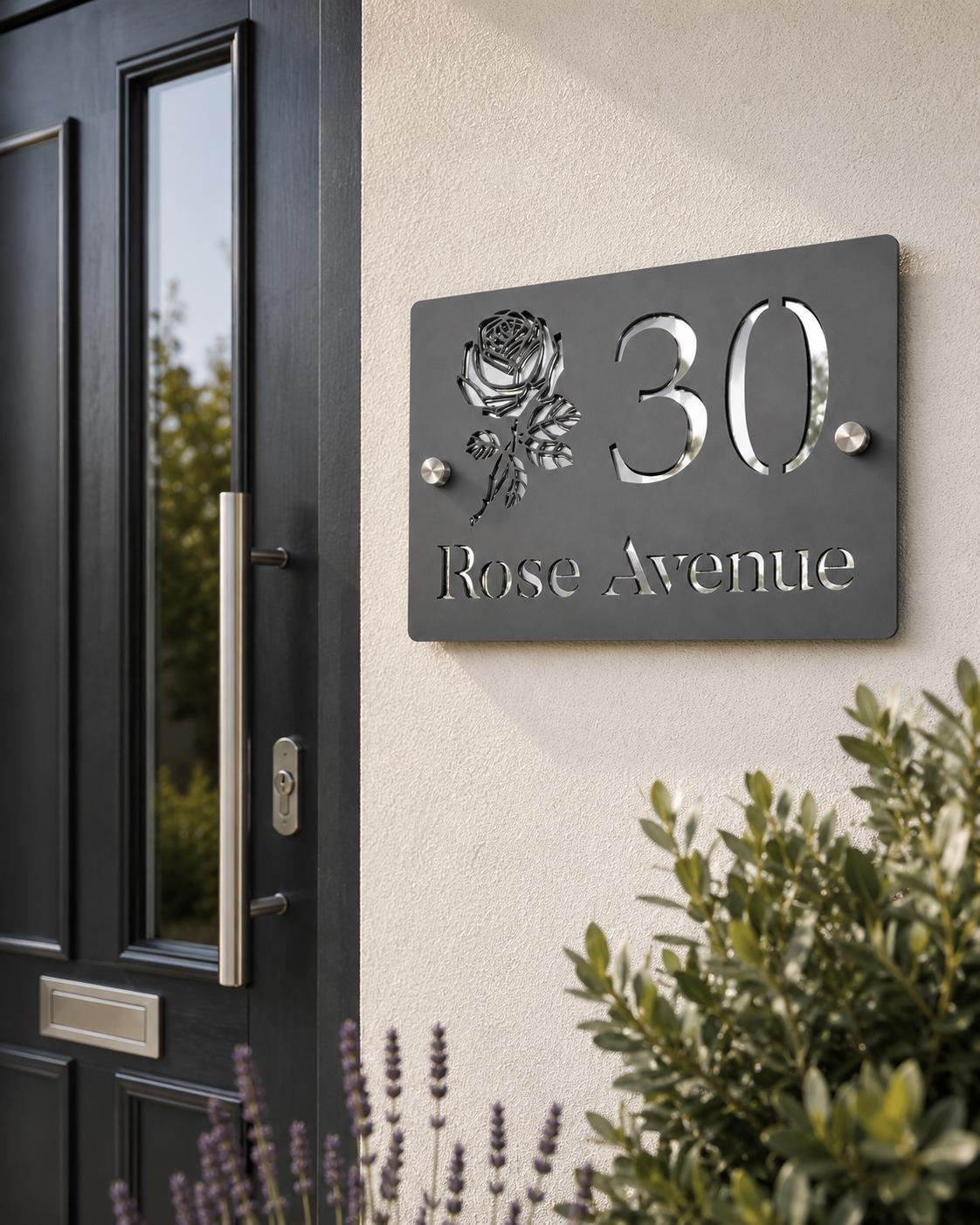 Personalised House Number Sign UK | Mineral Grey & Mirror Silver Acrylic Address Plaque | Modern Door Sign | Custom Rose Design House Sign