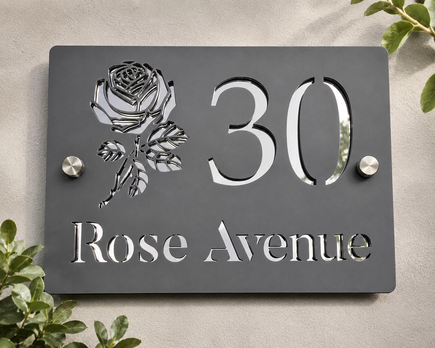 Personalised House Number Sign UK | Mineral Grey & Mirror Silver Acrylic Address Plaque | Modern Door Sign | Custom Rose Design House Sign