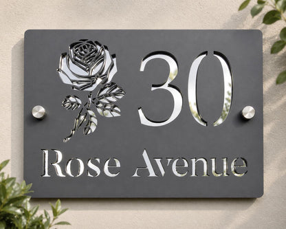 Personalised House Number Sign UK | Mineral Grey & Mirror Silver Acrylic Address Plaque | Modern Door Sign | Custom Rose Design House Sign