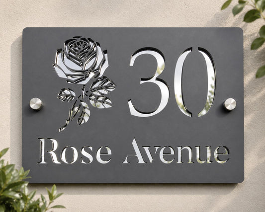 Personalised House Number Sign UK | Mineral Grey & Mirror Silver Acrylic Address Plaque | Modern Door Sign | Custom Rose Design House Sign