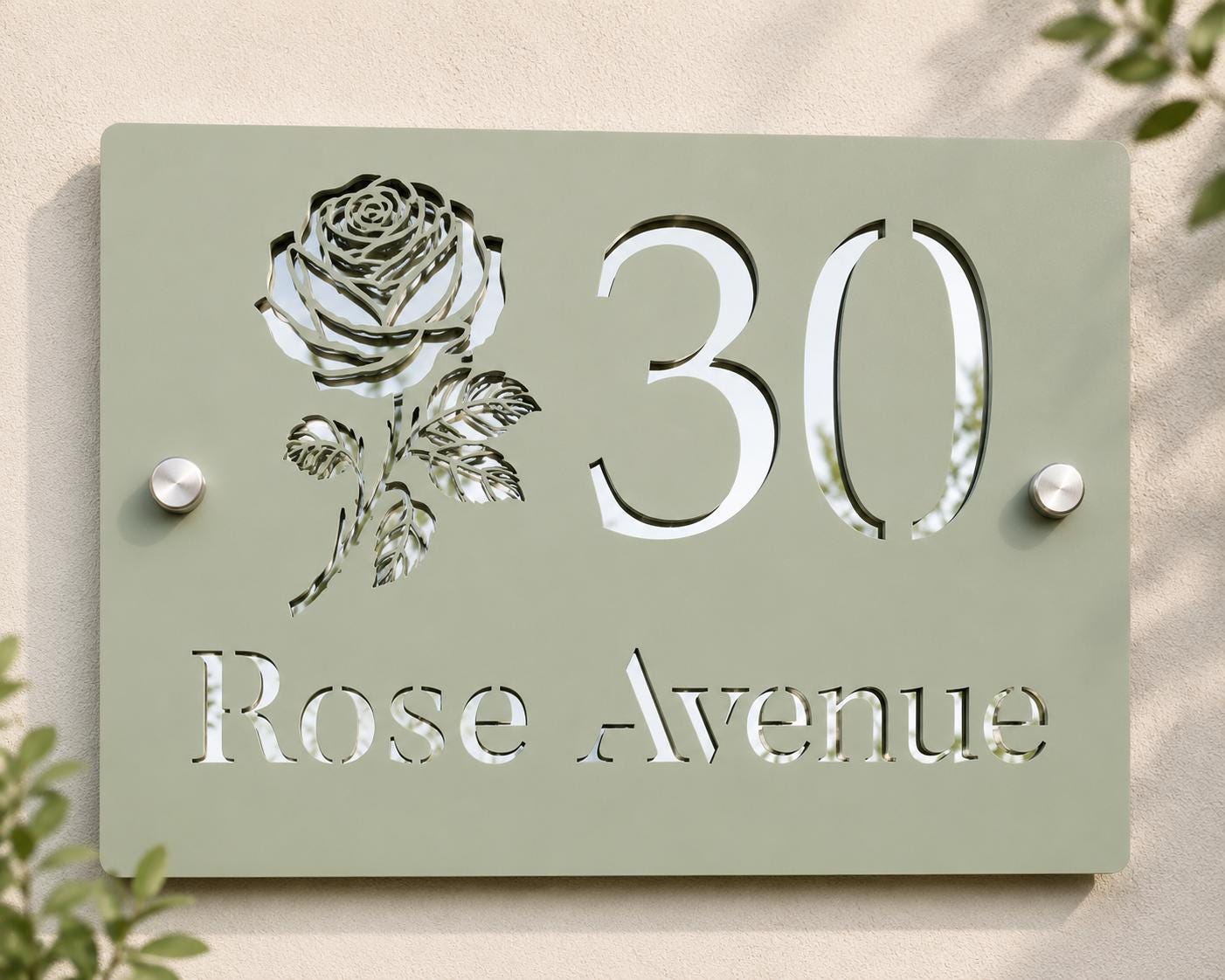 Sage Green House Sign Personalised Door Number Plaque | Mirror Silver Acrylic Address Sign | Modern House Number Sign | Custom Street Sign