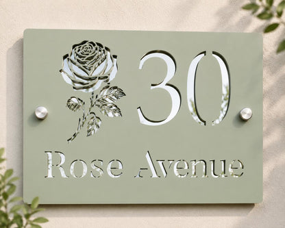 Sage Green House Sign Personalised Door Number Plaque | Mirror Silver Acrylic Address Sign | Modern House Number Sign | Custom Street Sign