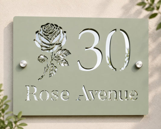 Sage Green House Sign Personalised Door Number Plaque | Mirror Silver Acrylic Address Sign | Modern House Number Sign | Custom Street Sign