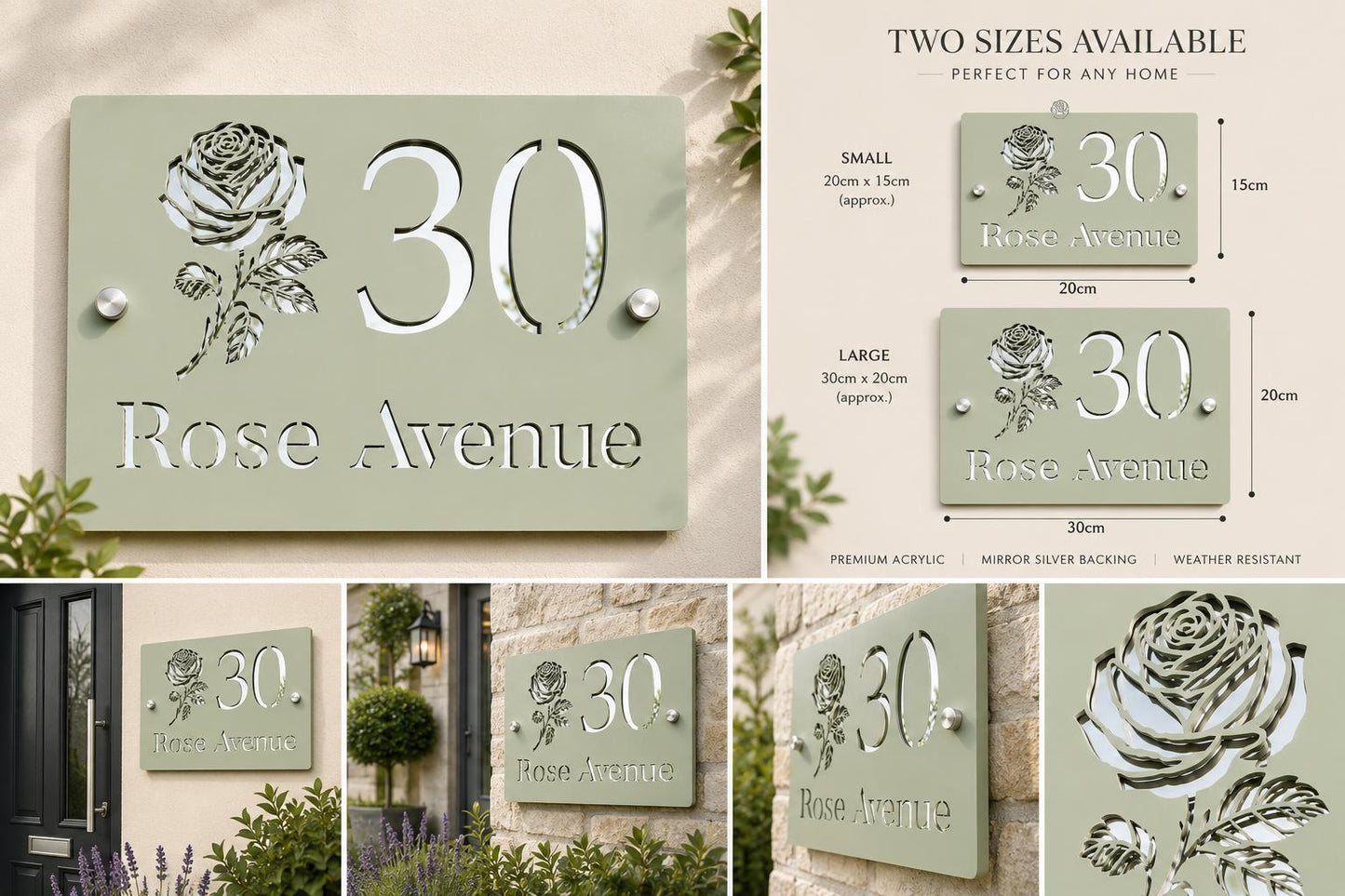 Sage Green House Sign Personalised Door Number Plaque | Mirror Silver Acrylic Address Sign | Modern House Number Sign | Custom Street Sign