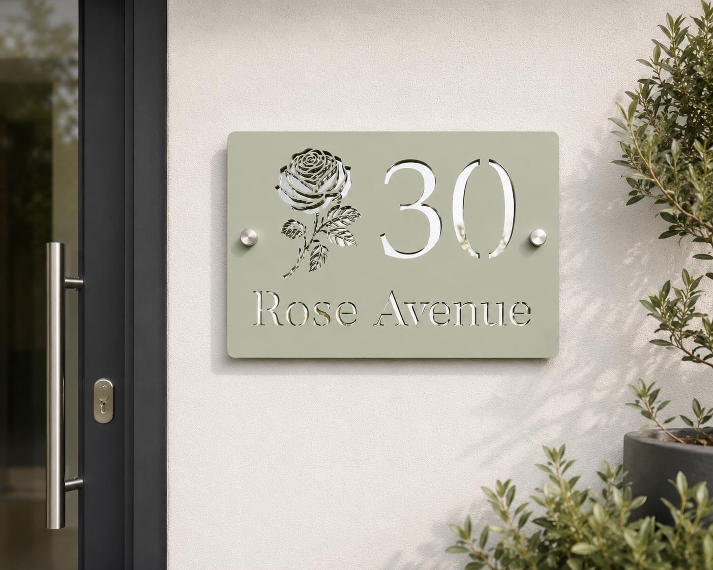 Sage Green House Sign Personalised Door Number Plaque | Mirror Silver Acrylic Address Sign | Modern House Number Sign | Custom Street Sign