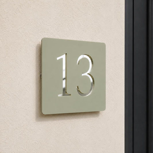 Sage Green House Number Sign UK Personalised Address Plaque Mirror Silver Acrylic Door Number Sign Modern Outdoor House Sign