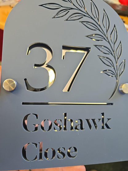 Denim Blue House Sign Personalised Address Plaque Modern Acrylic Door Number Sign UK Custom House Sign with Mirror Silver Detail