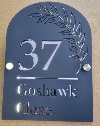 Denim Blue House Sign Personalised Address Plaque Modern Acrylic Door Number Sign UK Custom House Sign with Mirror Silver Detail