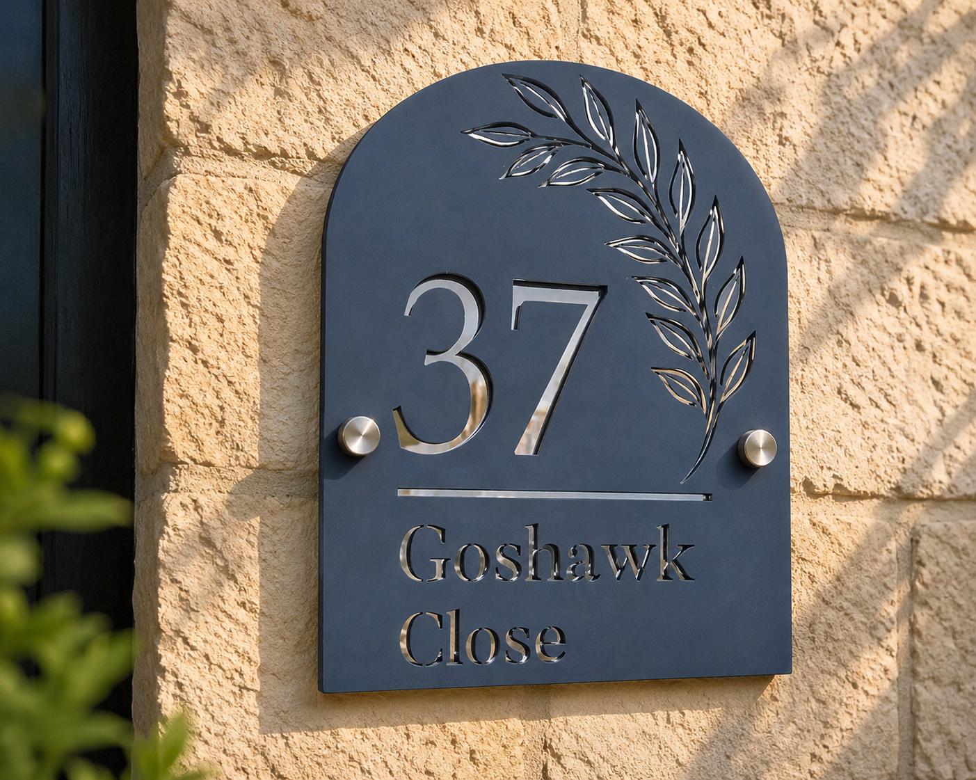 Denim Blue House Sign Personalised Address Plaque Modern Acrylic Door Number Sign UK Custom House Sign with Mirror Silver Detail