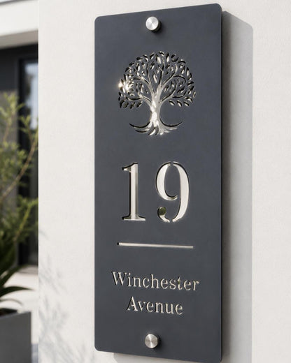 Slim Vertical House Sign Personalised Door Number Sign Modern Acrylic Address Plaque Mineral Grey Mirror Silver House Sign UK