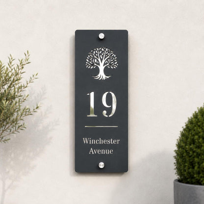 Slim Vertical House Sign Personalised Door Number Sign Modern Acrylic Address Plaque Mineral Grey Mirror Silver House Sign UK