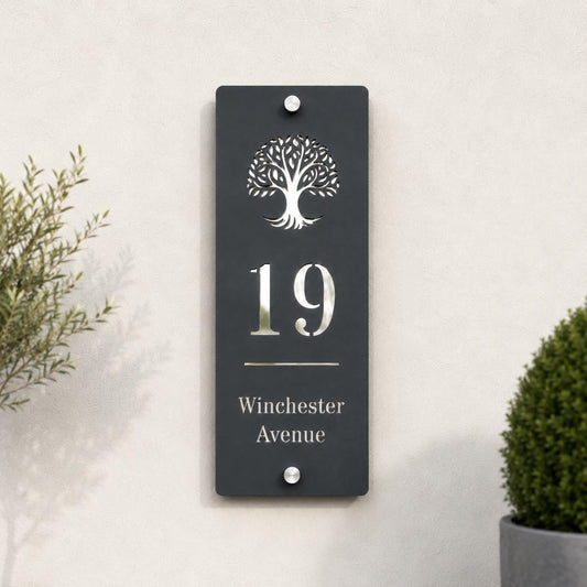 Slim Vertical House Sign Personalised Door Number Sign Modern Acrylic Address Plaque Mineral Grey Mirror Silver House Sign UK