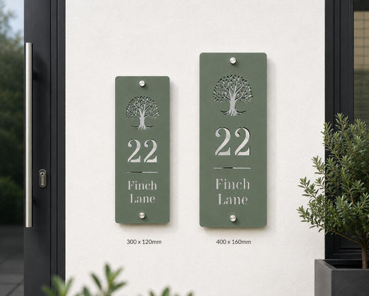 Personalised House Sign Vertical Door Number Plaque Pine Green & Mirror Silver Acrylic Address Sign Modern House Number Sign UK