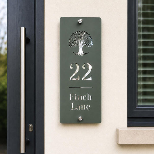 Personalised House Sign Vertical Door Number Plaque Pine Green & Mirror Silver Acrylic Address Sign Modern House Number Sign UK
