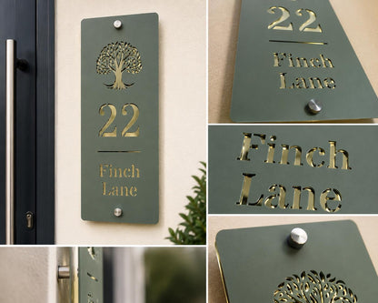 Personalised House Sign Pine Green & Mirror Gold Address Plaque Vertical House Number Sign Modern Acrylic Door Sign UK