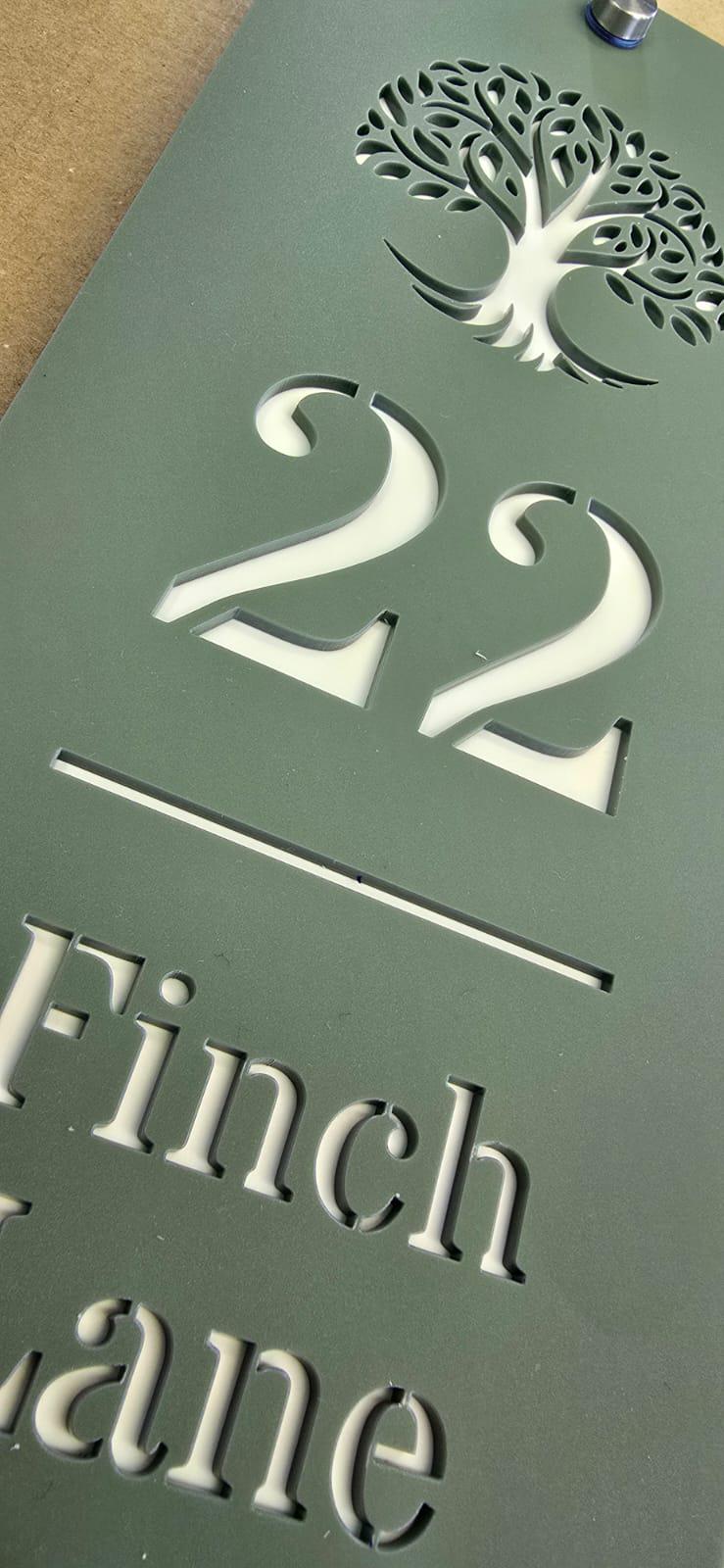 Slim Vertical House Sign Pine Green & White | Personalised House Number Sign | Modern Address Plaque | Outdoor Acrylic Door Sign UK