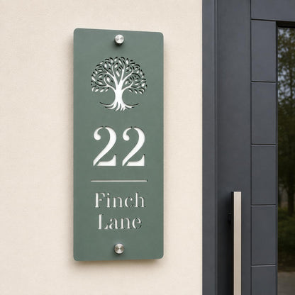 Slim Vertical House Sign Pine Green & White | Personalised House Number Sign | Modern Address Plaque | Outdoor Acrylic Door Sign UK