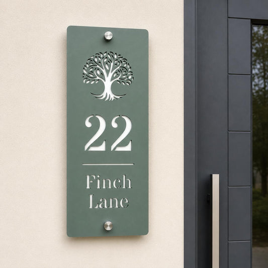 Slim Vertical House Sign Pine Green & White | Personalised House Number Sign | Modern Address Plaque | Outdoor Acrylic Door Sign UK