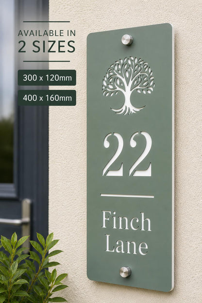 Slim Vertical House Sign Pine Green & White | Personalised House Number Sign | Modern Address Plaque | Outdoor Acrylic Door Sign UK