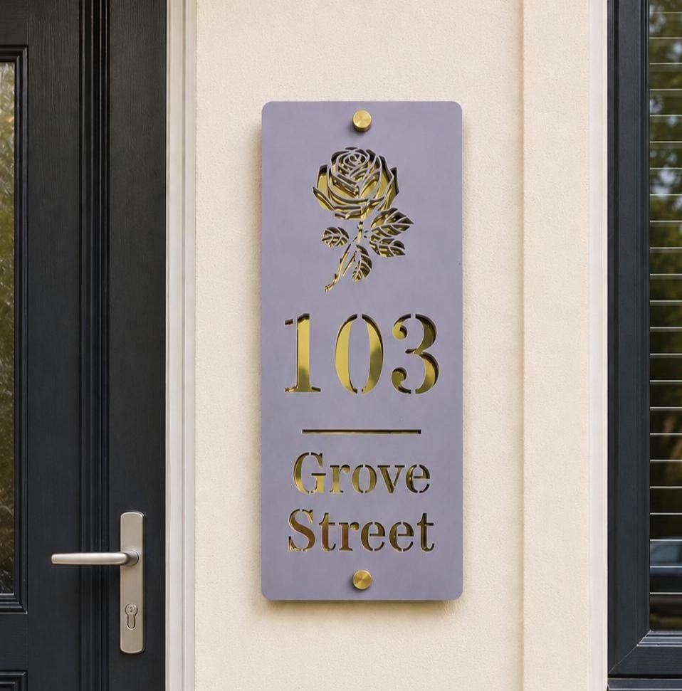 Lavender & Mirror Gold House Sign | Personalised Door Number - Street Name Plaque | Modern Acrylic Address Sign UK | Custom House Sign
