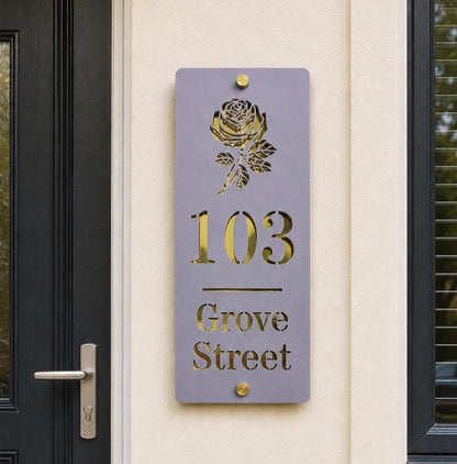 Lavender & Mirror Gold House Sign | Personalised Door Number - Street Name Plaque | Modern Acrylic Address Sign UK | Custom House Sign