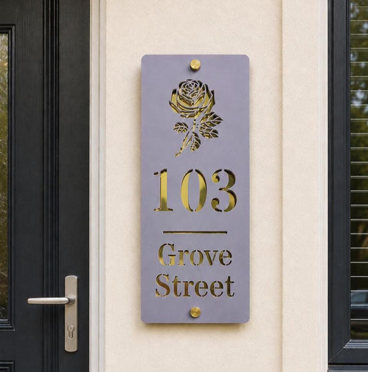 Lavender & Mirror Gold House Sign | Personalised Door Number - Street Name Plaque | Modern Acrylic Address Sign UK | Custom House Sign
