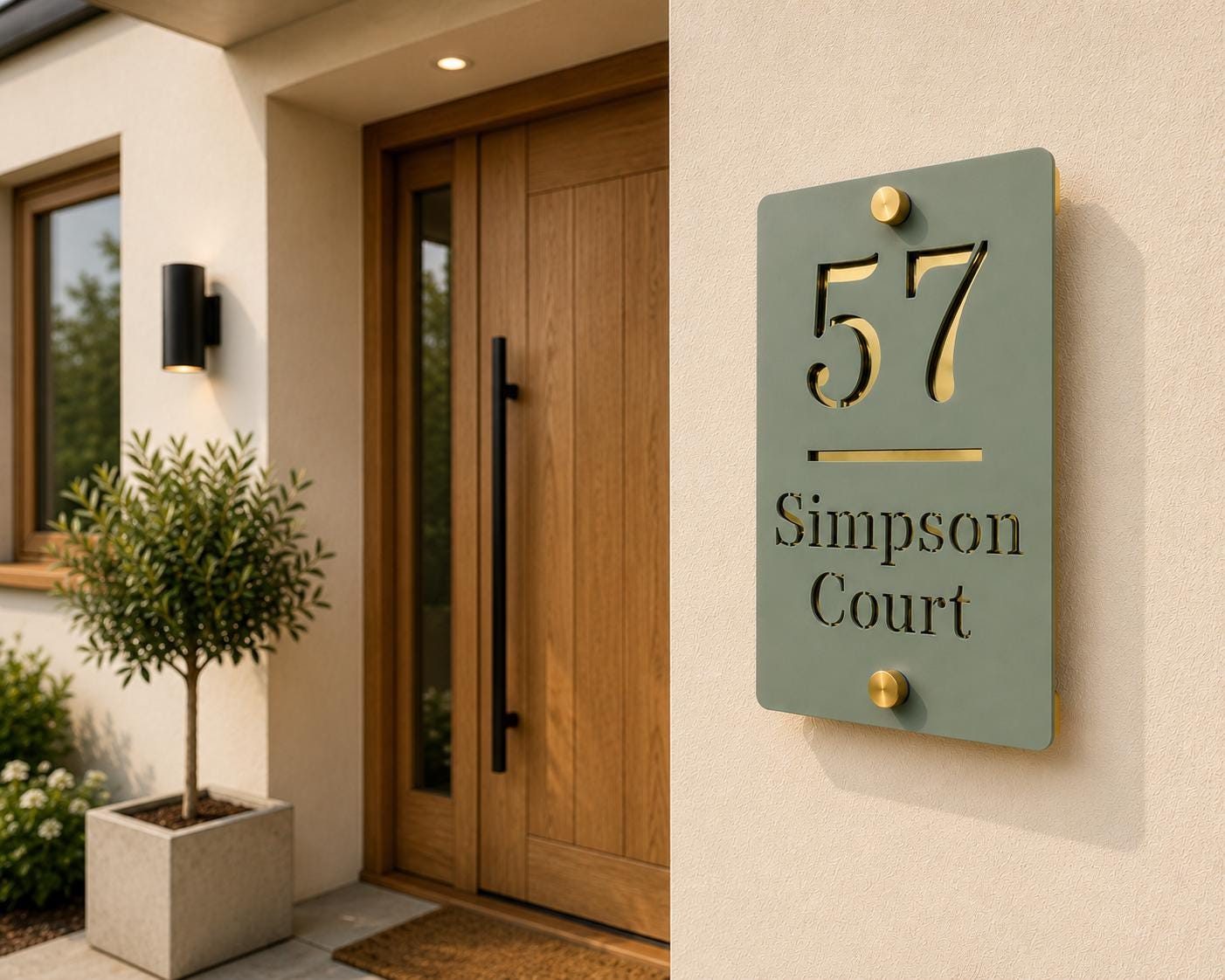 Personalised Pine Green House Sign with Mirror Gold Backing | Modern Acrylic House Number | Custom Address Plaque | Outdoor Door Sign UK