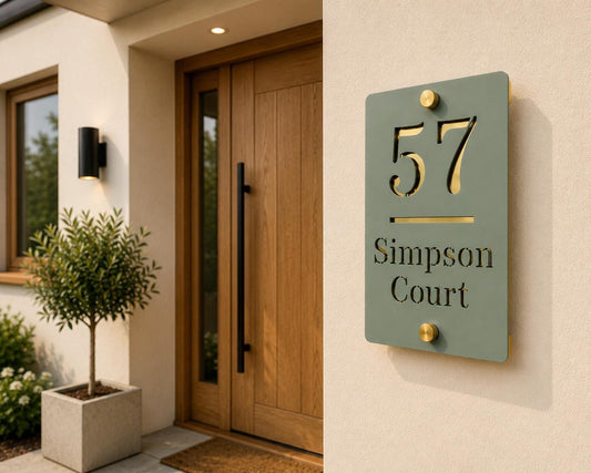 Personalised Pine Green House Sign with Mirror Gold Backing | Modern Acrylic House Number | Custom Address Plaque | Outdoor Door Sign UK