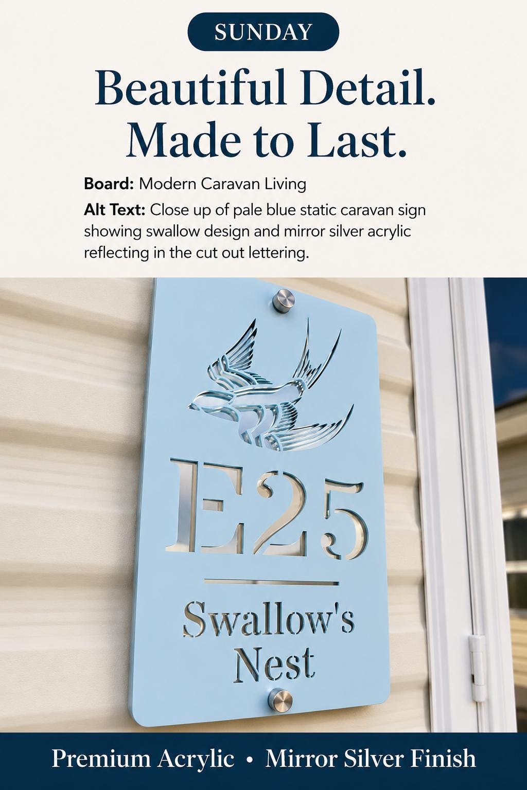 Personalised Static Caravan Sign | Pale Blue Acrylic Plot Number Plaque | Swallow Caravan Sign | Holiday Home Sign