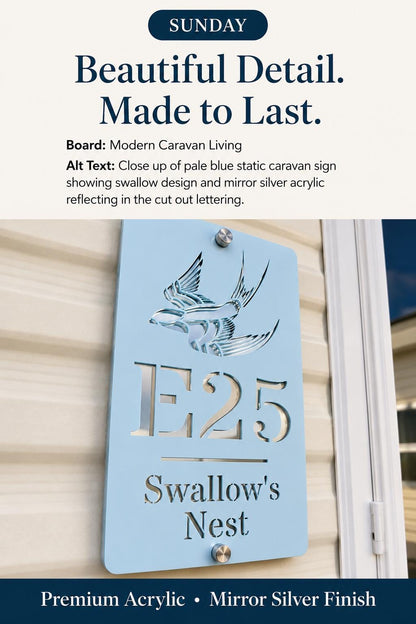 Personalised Static Caravan Sign | Pale Blue Acrylic Plot Number Plaque | Swallow Caravan Sign | Holiday Home Sign