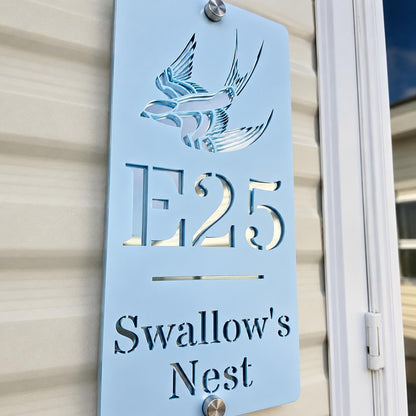 Personalised Static Caravan Sign | Pale Blue Acrylic Plot Number Plaque | Swallow Caravan Sign | Holiday Home Sign