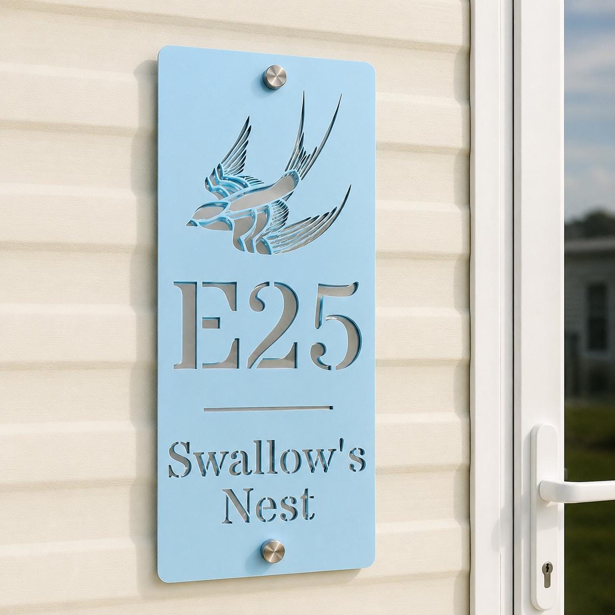 Personalised Static Caravan Sign | Pale Blue Acrylic Plot Number Plaque | Swallow Caravan Sign | Holiday Home Sign