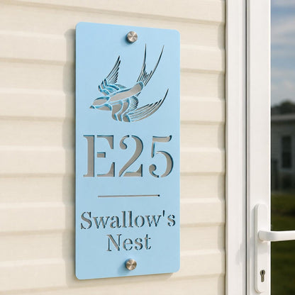 Personalised Static Caravan Sign | Pale Blue Acrylic Plot Number Plaque | Swallow Caravan Sign | Holiday Home Sign
