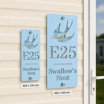 Personalised Static Caravan Sign | Pale Blue Acrylic Plot Number Plaque | Swallow Caravan Sign | Holiday Home Sign