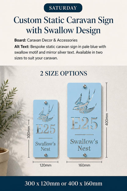 Personalised Static Caravan Sign | Pale Blue Acrylic Plot Number Plaque | Swallow Caravan Sign | Holiday Home Sign