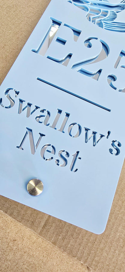 Personalised Static Caravan Sign | Pale Blue Acrylic Plot Number Plaque | Swallow Caravan Sign | Holiday Home Sign
