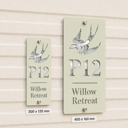 Personalised Static Caravan Sign | Sage Green Acrylic Plot Number Plaque | Holiday Home Sign | No Drill Caravan Door Sign screw or stick on