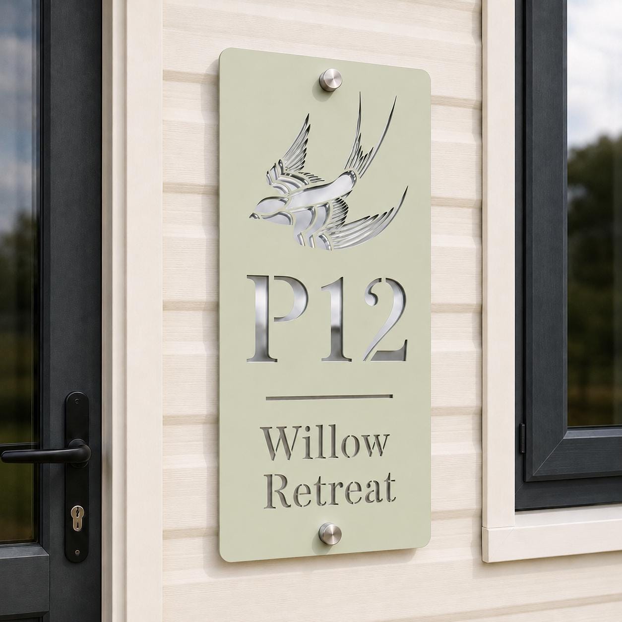 Personalised Static Caravan Sign | Sage Green Acrylic Plot Number Plaque | Holiday Home Sign | No Drill Caravan Door Sign screw or stick on