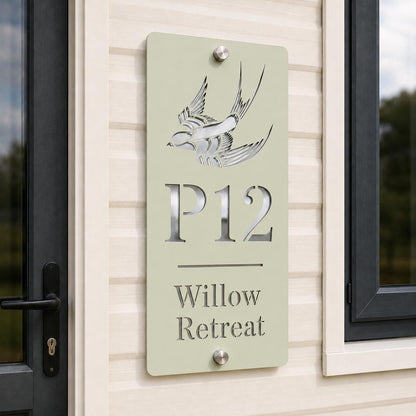 Personalised Static Caravan Sign | Sage Green Acrylic Plot Number Plaque | Holiday Home Sign | No Drill Caravan Door Sign screw or stick on